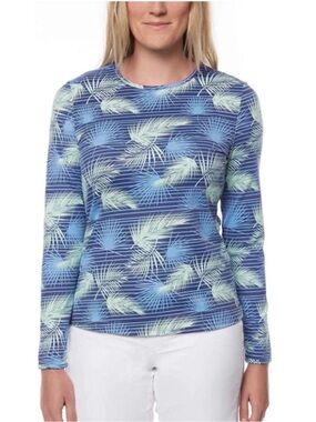 Hang Ten UPF 50 Women's Rash Guard Navy Blue Palm-Print Long Sleeve Top